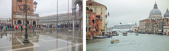 St Marcusplatsen i regnväder. Canal Grande med vaporetter och båtar.